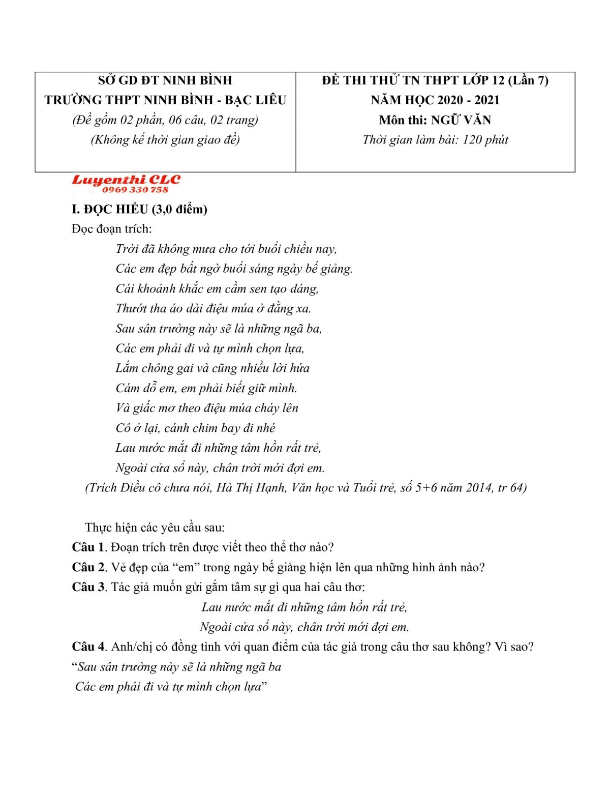 Đề thi thử tốt nghiệp THPT m&ocirc;n Ngữ Văn lớp 12 lần thứ 7 tỉnh Ninh B&igrave;nh năm 2021