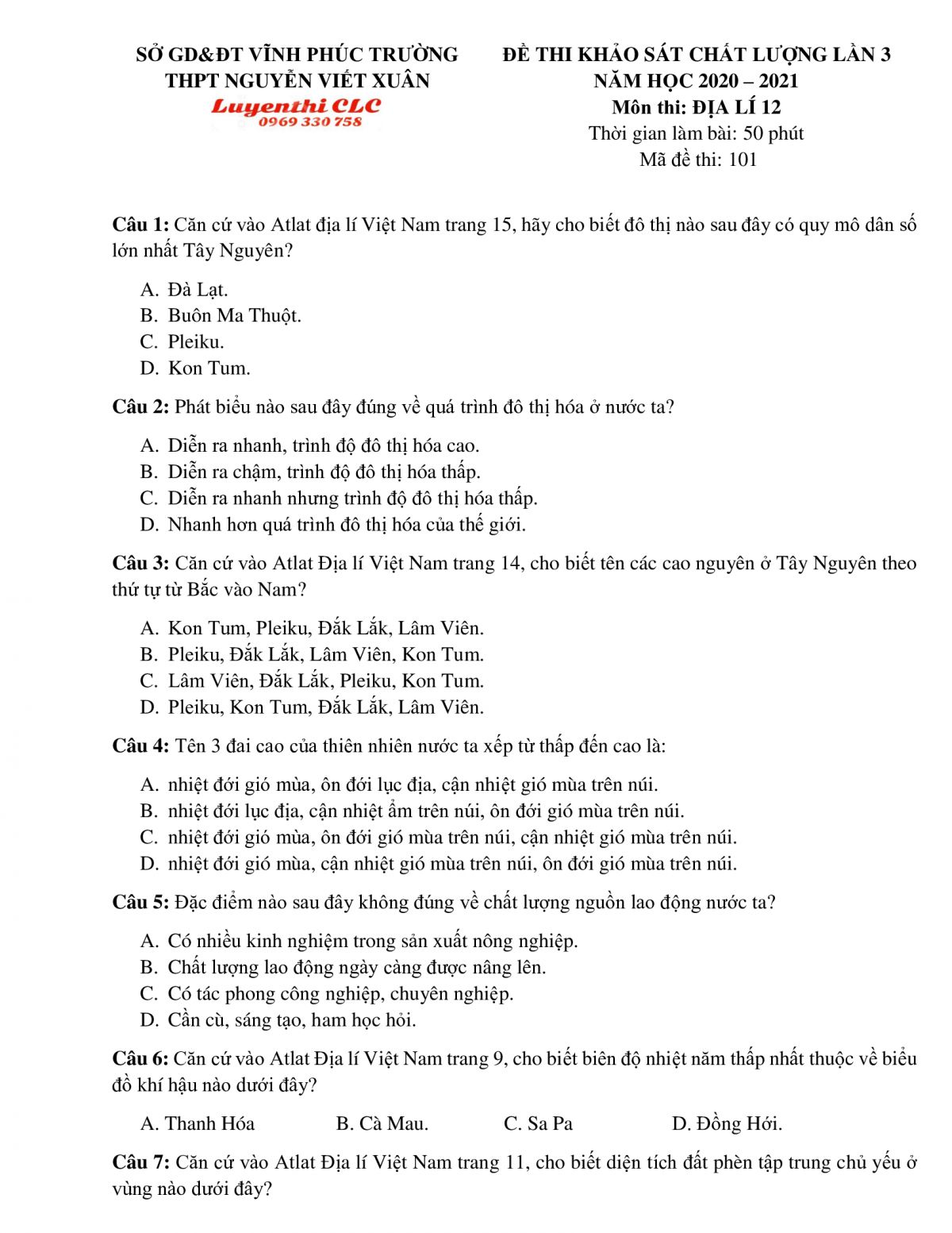 Đề thi khảo sát chất lượng lần 3 môn Địa Lý lớp 12 Trường THPT Nguyễn Viết Xuân tỉnh Vĩnh Phúc năm 2020