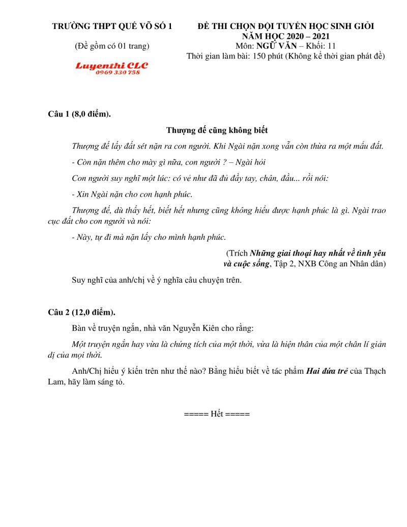 Đề thi chọn đội tuyển HSG môn Ngữ Văn khối 11 Trường THPT Quế Võ số 1 tỉnh Bắc Ninh năm 2021