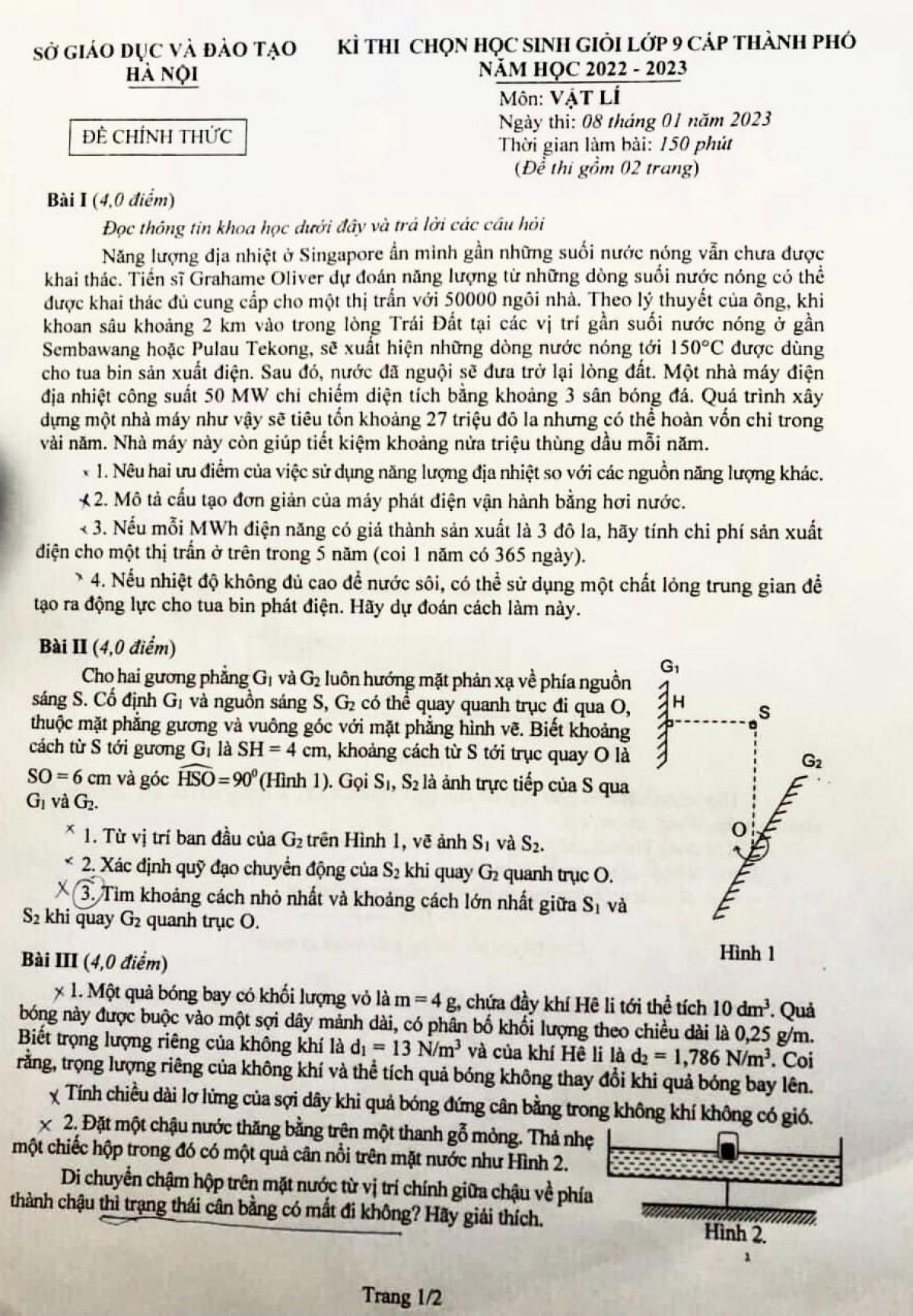 Đề thi chọn HSG m&ocirc;n Vật L&iacute; lớp 9 th&agrave;nh phố H&agrave; Nội năm 2023