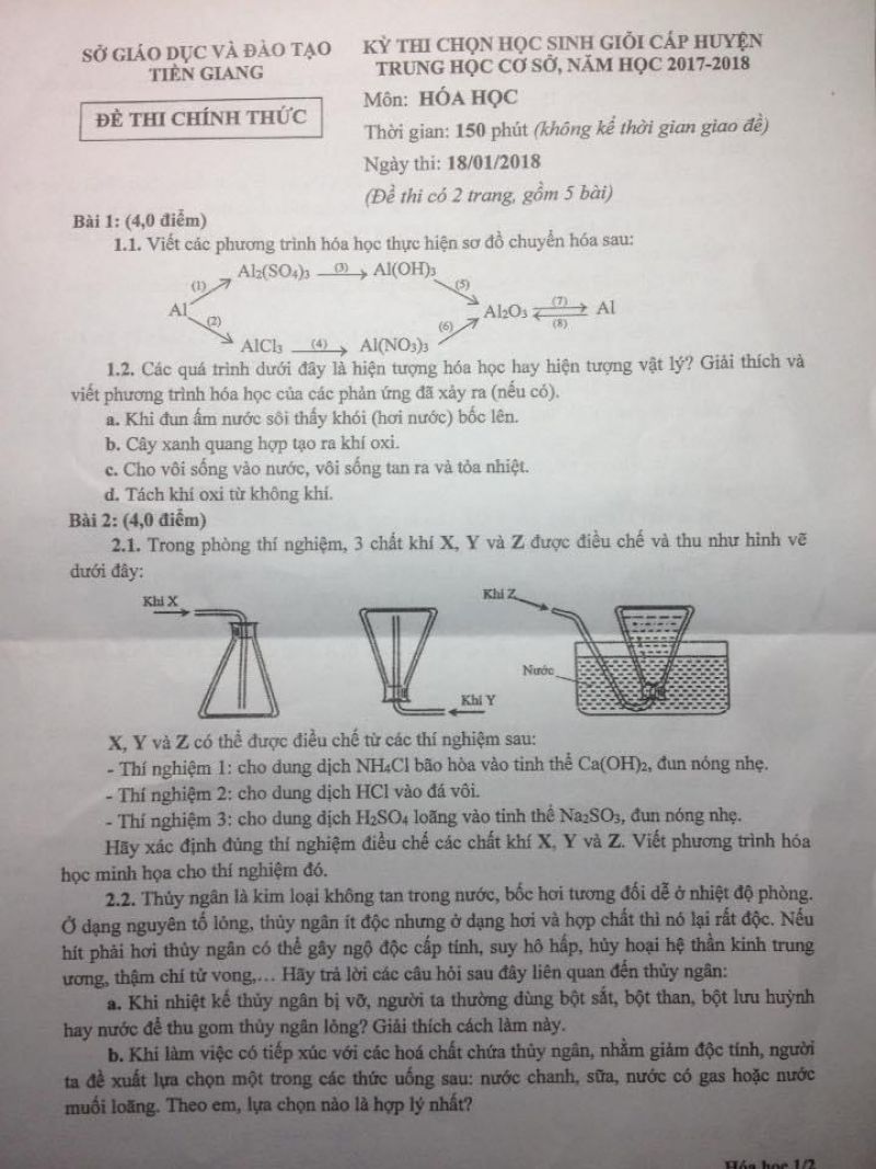 Đề thi chọn HSG môn Hóa Học THCS tỉnh Tiền Giang năm 2018