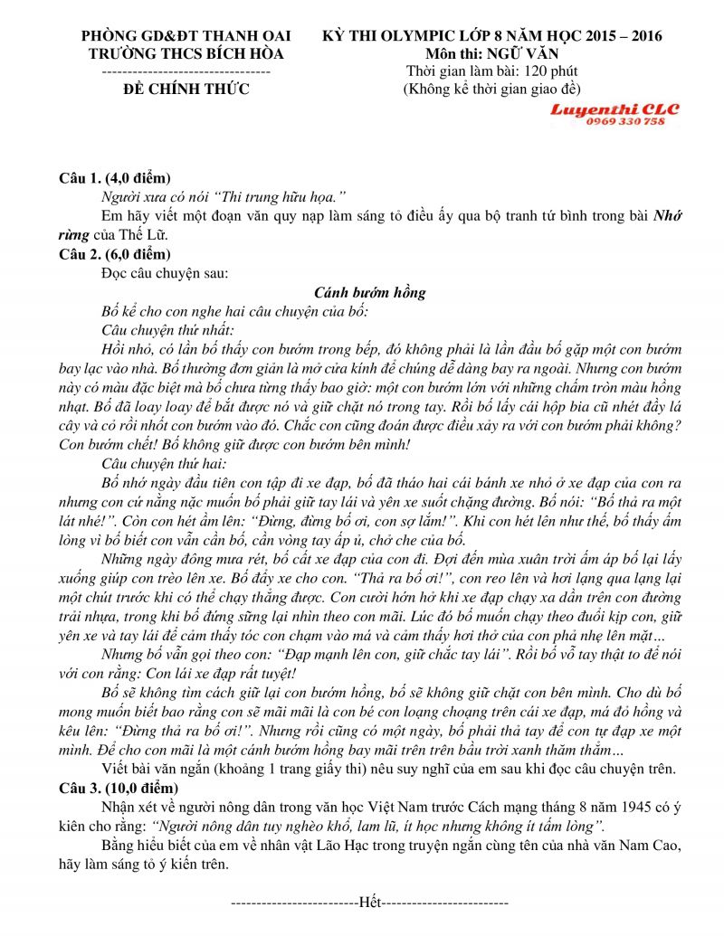 Đề thi OLYMPIC môn Ngữ Văn lớp 8 Trường THCS Bích Hòa, huyện Thanh Oai, Hà Nội năm 2016