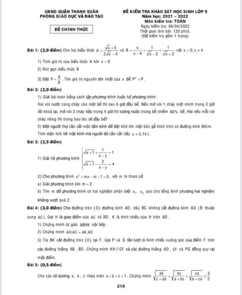 Đề kiểm tra khảo s&aacute;t học sinh v&agrave; đ&aacute;p &aacute;n m&ocirc;n To&aacute;n lớp 9 quận Thanh Xu&acirc;n năm 2022