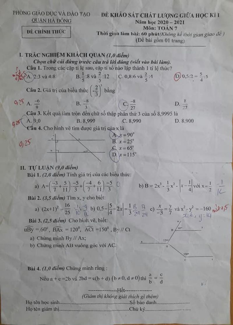 Đề khảo sát chất lượng giữa học kì I môn Toán 7 quận Hà Đông năm 2020