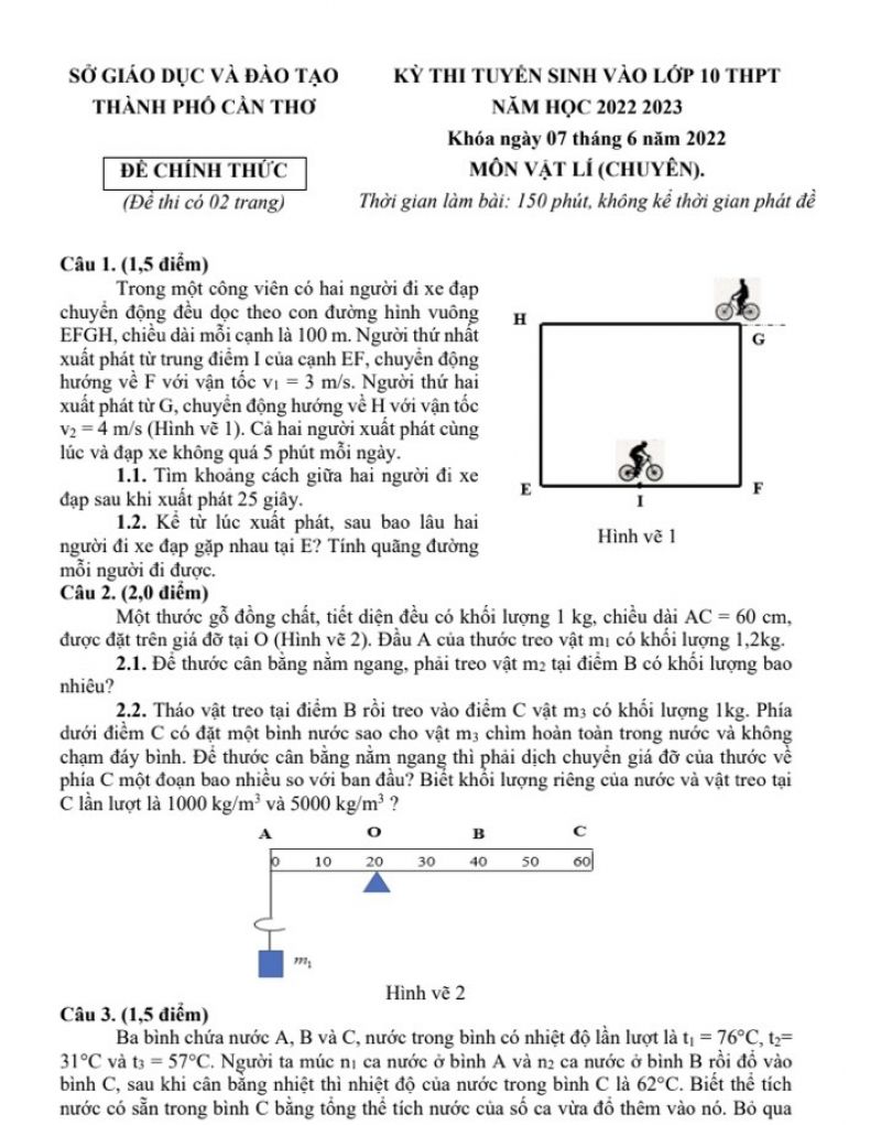 Đề thi tuyển sinh vào lớp 10 THPT môn Vật Lí Chuyên tại Cần Thơ năm 2022