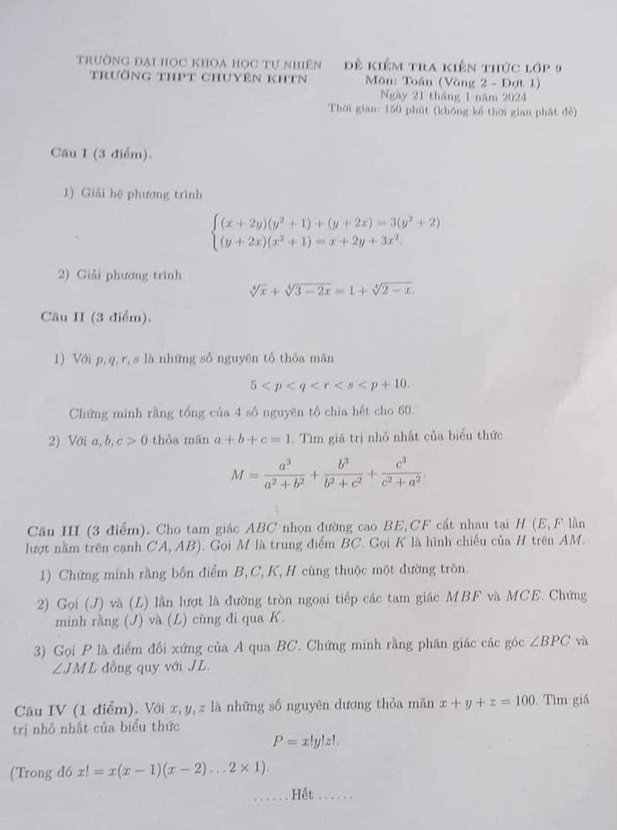 Đề kiểm tra kiến thức m&ocirc;n To&aacute;n lớp 9 V&ograve;ng 2 - đợt 1 Trường THPT Chuy&ecirc;n KHTN H&agrave; Nội năm 2023