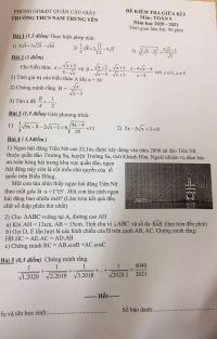 Đề kiểm tra giữa học k&igrave; I m&ocirc;n To&aacute;n lớp 9 Trường THCS Nam Trung Y&ecirc;n quận Cầu Giấy năm 2020