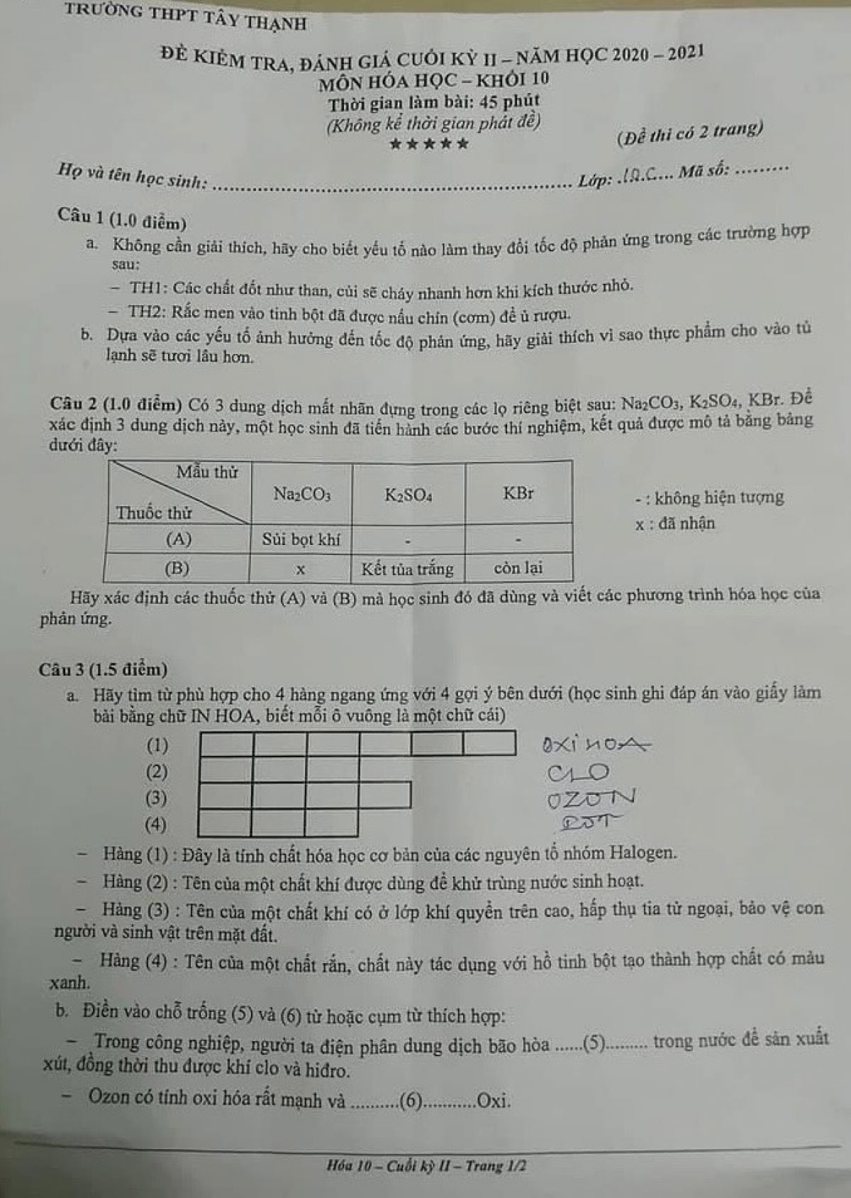Đề kiểm tra đ&aacute;nh gi&aacute; cuối học k&igrave; I m&ocirc;n H&oacute;a Học khối 10 Trường THPT T&acirc;y Thạnh, Th&agrave;nh phố Hồ Ch&iacute; Minh năm 2021