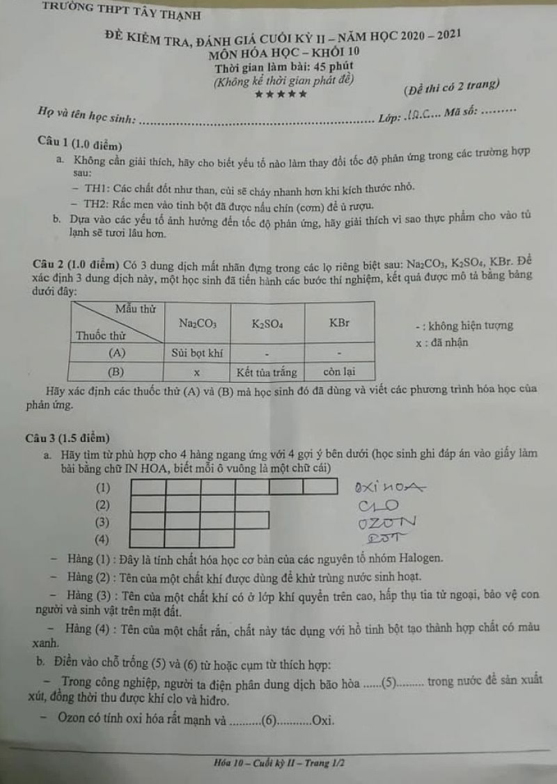 Đề kiểm tra đánh giá cuối học kì I môn Hóa Học khối 10 Trường THPT Tây Thạnh, Thành phố Hồ Chí Minh năm 2021