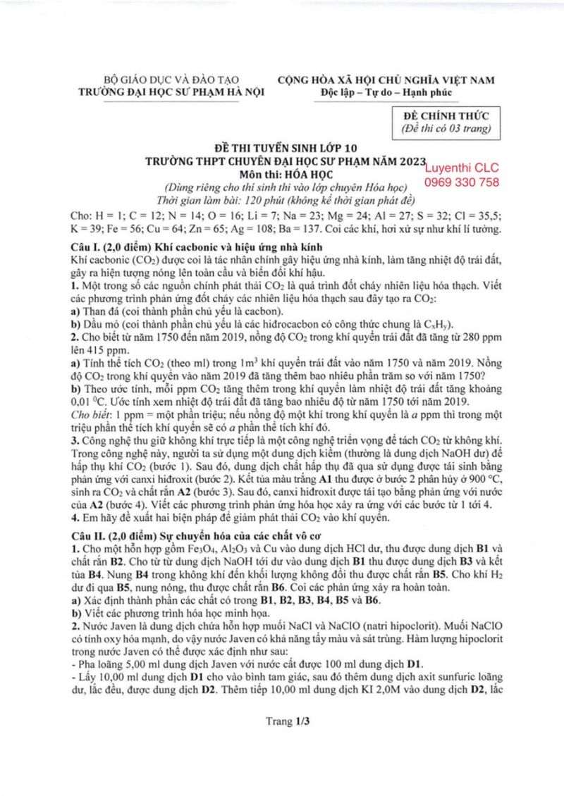Đề thi tuyển sinh v&agrave;o lớp 10 v&agrave; đ&aacute;p &aacute;n m&ocirc;n H&oacute;a Học Trường THPT CHUY&Ecirc;N Đại học Sư phạm H&agrave; Nội năm 2023