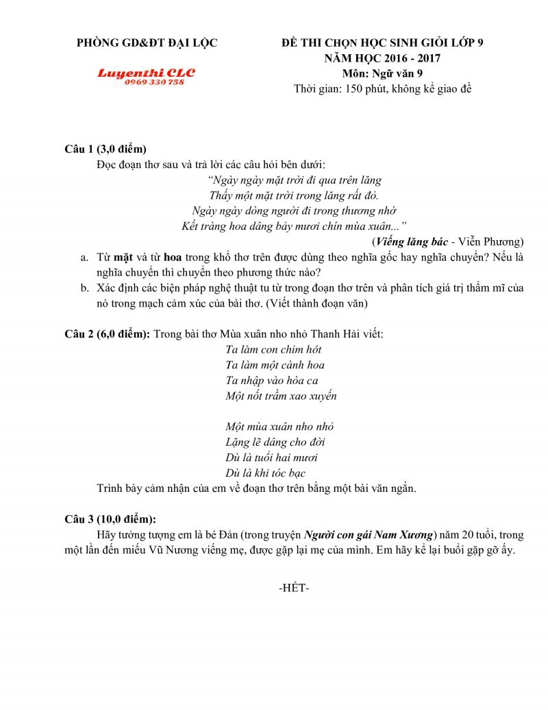 Đề thi chọn HSG môn Ngữ Văn lớp 9 tỉnh Quảng Nam năm 2016