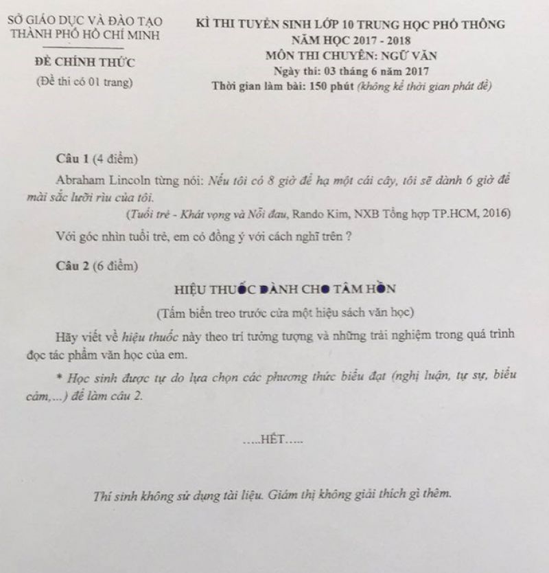 Đề thi tuyển sinh vào lớp 10 THPT CHUYÊN môn Ngữ Văn Thành phố Hồ Chí Minh năm 2017
