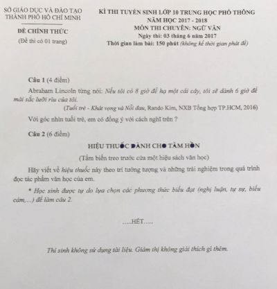 Đề thi tuyển sinh vào lớp 10 THPT CHUYÊN môn Ngữ Văn Thành phố Hồ Chí Minh năm 2017
