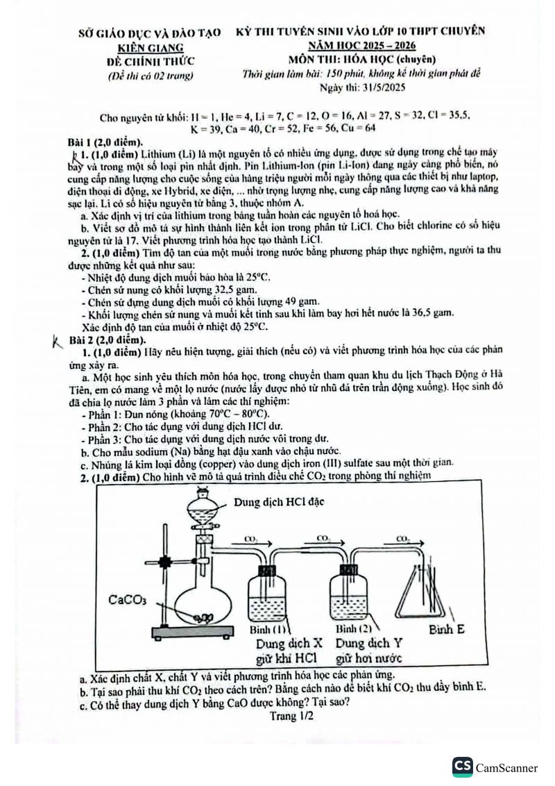 Đề thi tuyển sinh v&agrave;o 10 m&ocirc;n H&oacute;a (chuy&ecirc;n) - Sở Ki&ecirc;n Giang năm 2025