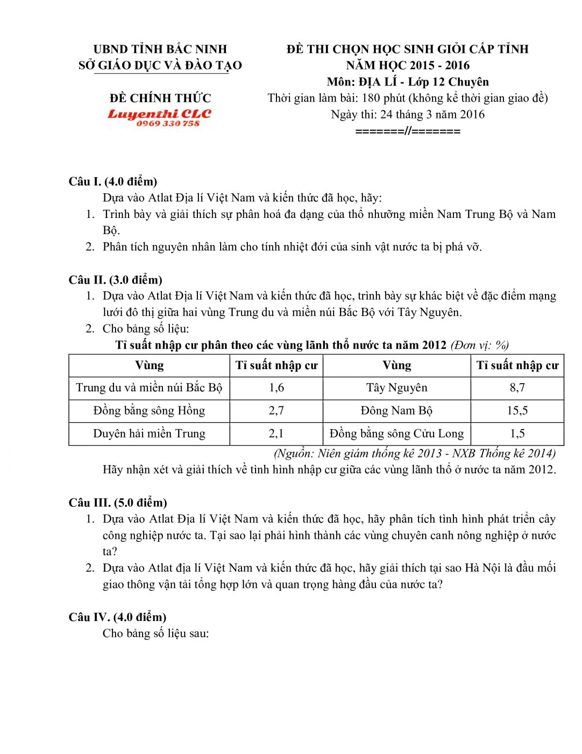 Đề thi chọn HSG cấp tỉnh môn Địa Lý lớp 12 chuyên tỉnh Bắc Ninh năm 2016