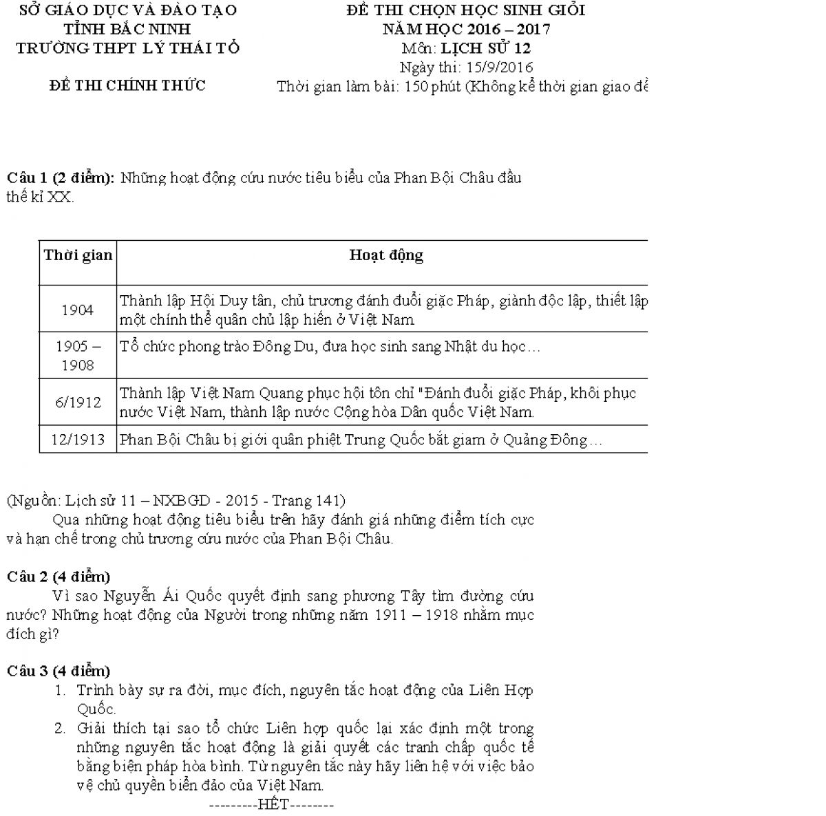 Đề thi chọn HSG v&agrave; đ&aacute;p &aacute;n m&ocirc;n Lịch Sử lớp 12 tỉnh Bắc Ninh năm 2016