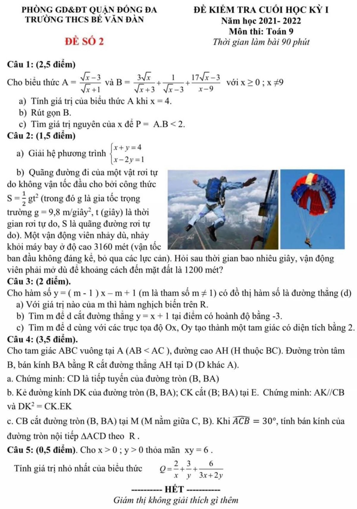 Đề kiểm tra cuối k&igrave; I m&ocirc;n To&aacute;n lớp 9 Trường THCS Bế Văn Đ&agrave;n, quận Đống Đa, H&agrave; Nội năm 2022  &ndash; Đề số 2