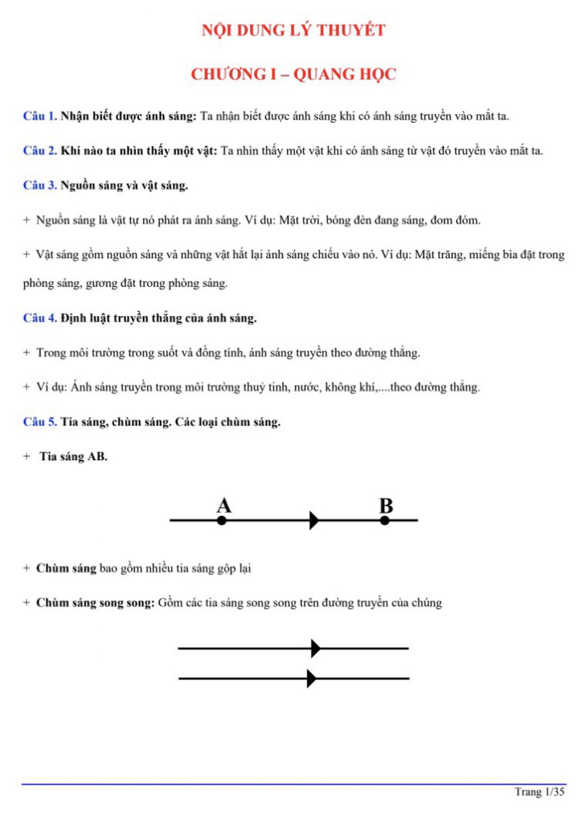 Một số nội dung ôn tập môn Vật Lý lớp 7 - Chương 1 - Quang học