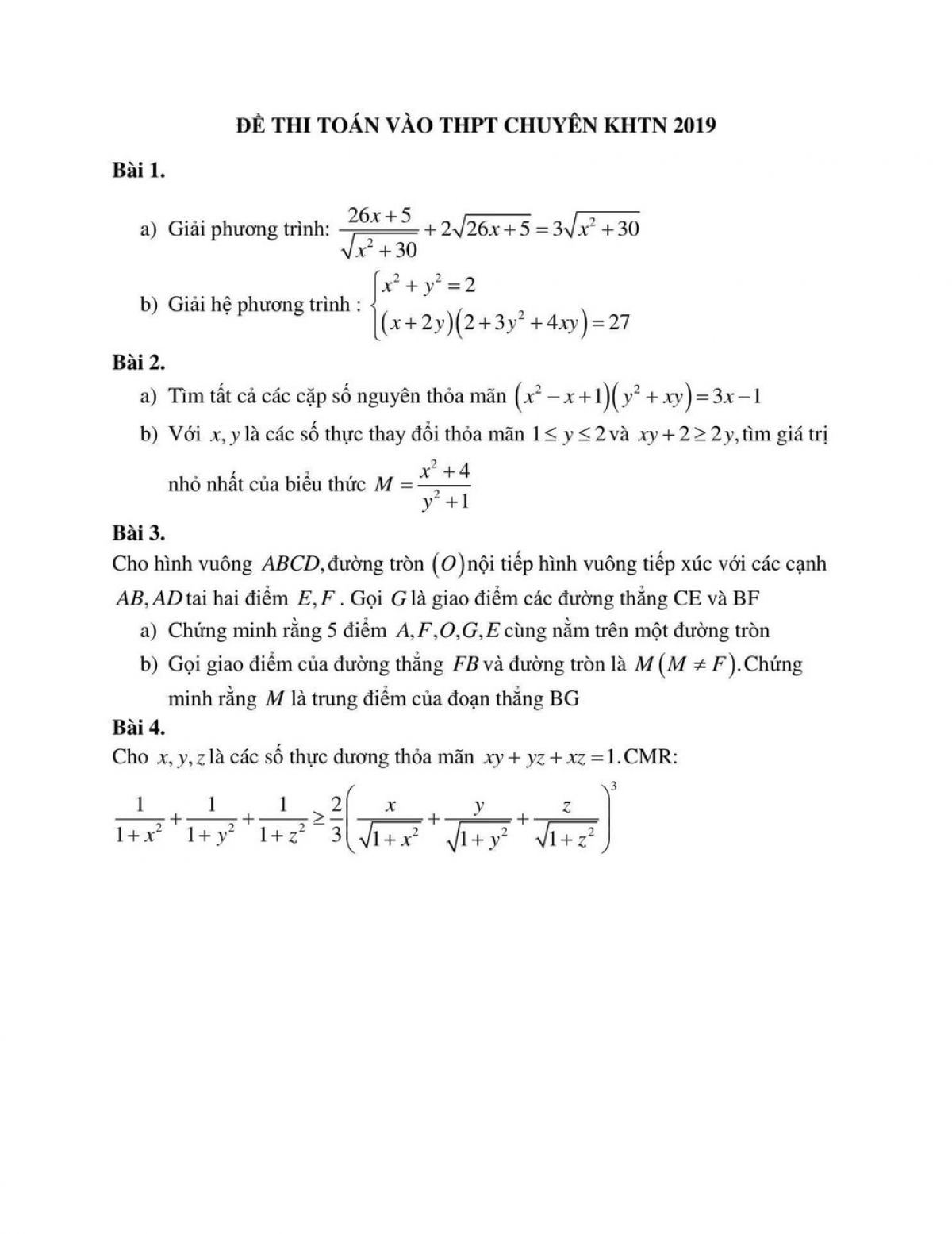 Đề thi tuyển sinh v&agrave;o lớp 10 m&ocirc;n To&aacute;n Trường THPT CHUY&Ecirc;N KHTN năm 2019