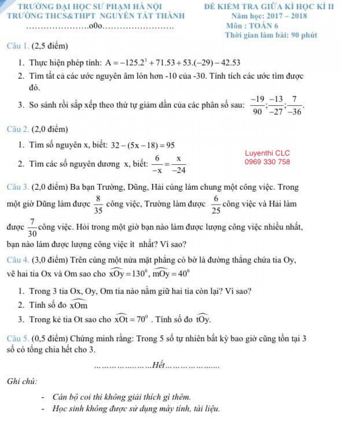 Đề kiểm tra giữa học kì II môn Toán lớp 6 Trường THCS &amp; THPT Nguyễn Tất Thành, Hà Nội năm 2017