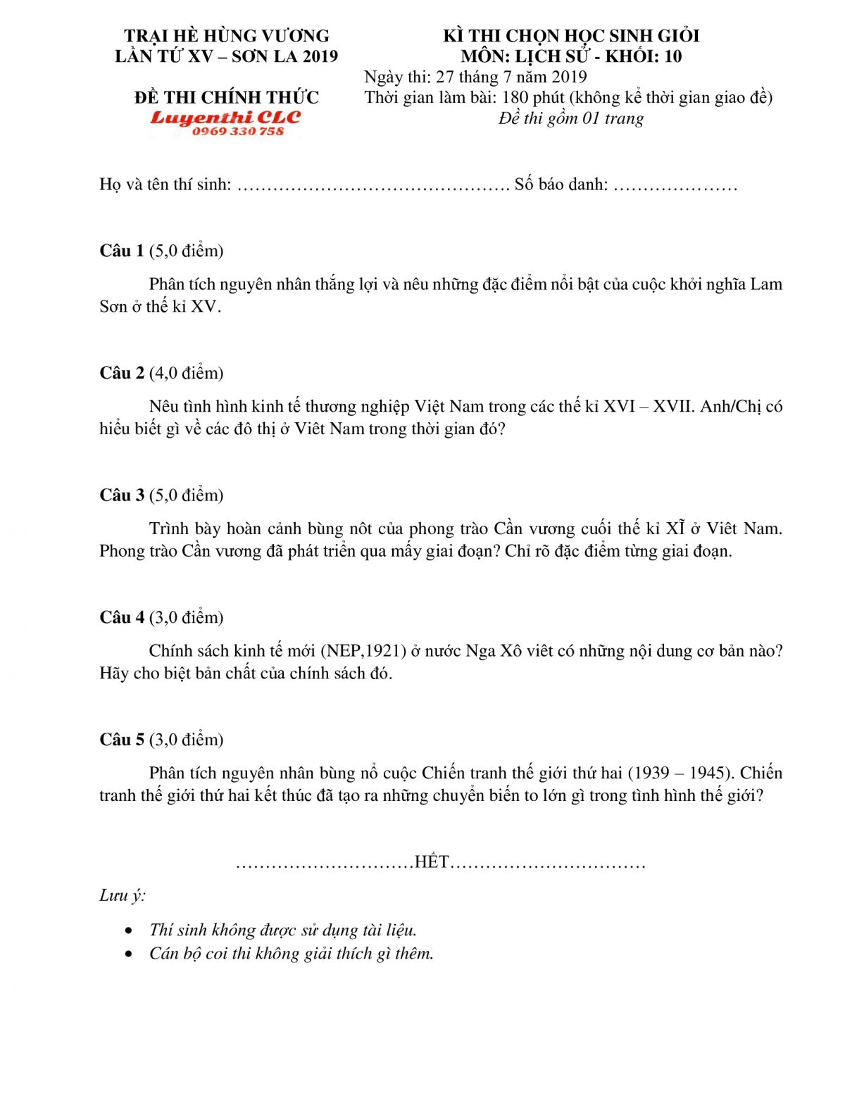 Đề thi chọn HSG môn Lịch Sử khối 10 tỉnh Sơn La năm 2019