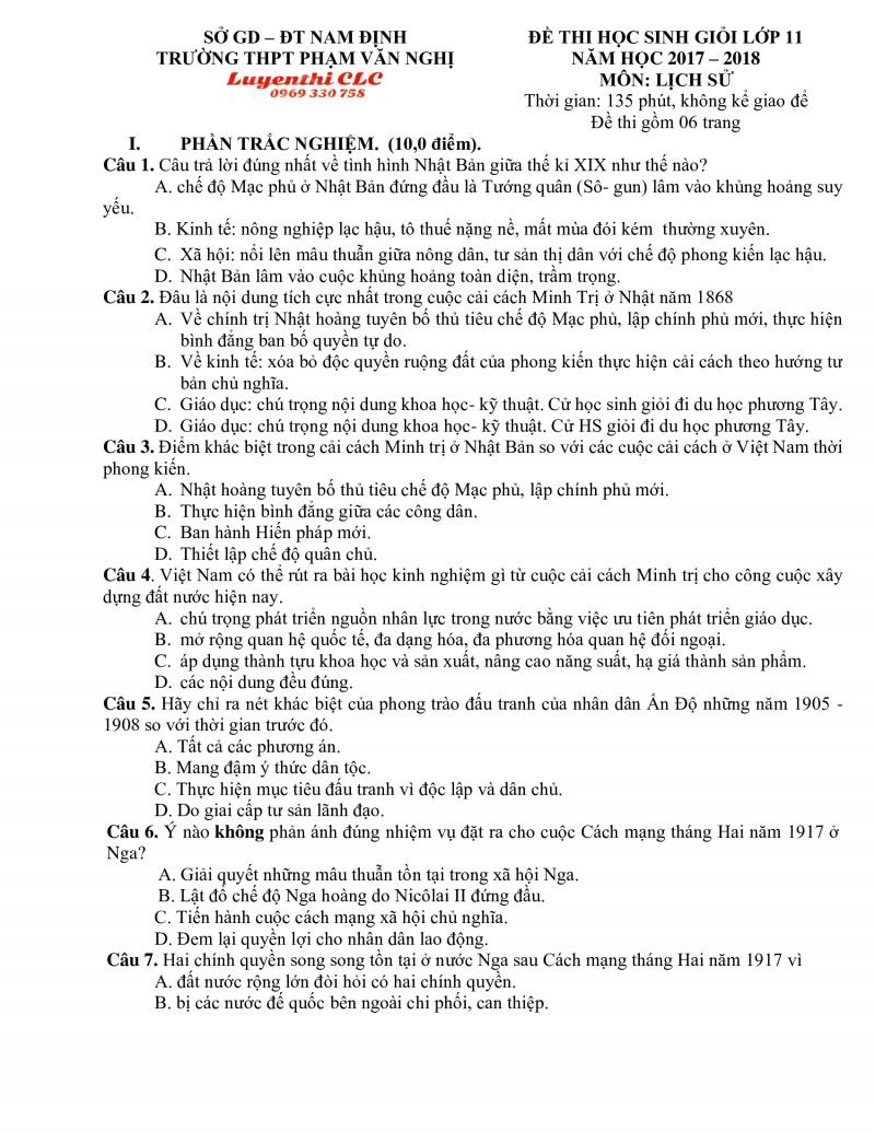 Đề thi HSG môn Lịch Sử lớp 11 tỉnh Nam Định năm 2018