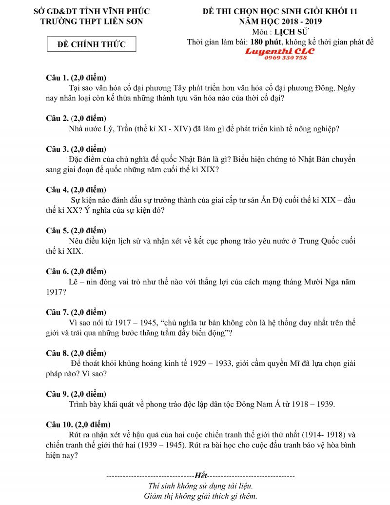 Đề thi HSG môn Lịch Sử lớp 11 Trường THPT Liễn Sơn tỉnh Vĩnh Phúc năm 2018
