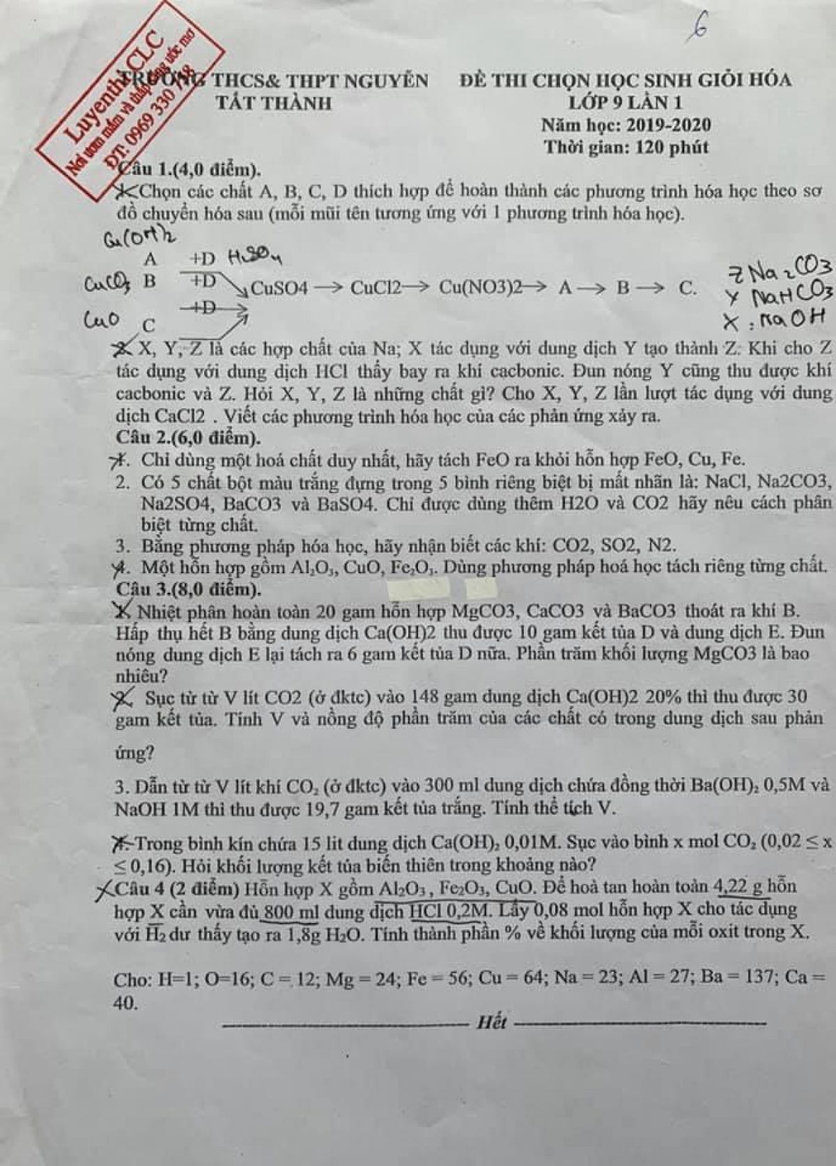 Đề thi chọn HSG m&ocirc;n H&oacute;a Học lớp 9 - lần 1 Trường THCS &amp; THPT Nguyễn Tất Th&agrave;nh, H&agrave; Nội năm 2019