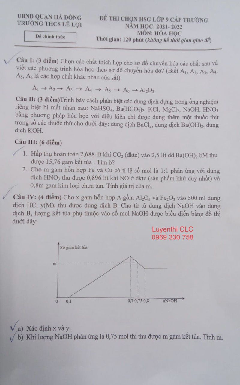 Đề thi chọn HSG môn Hóa Học lớp 9 Trường THCS Lê Lợi, Hà Nội năm 2022