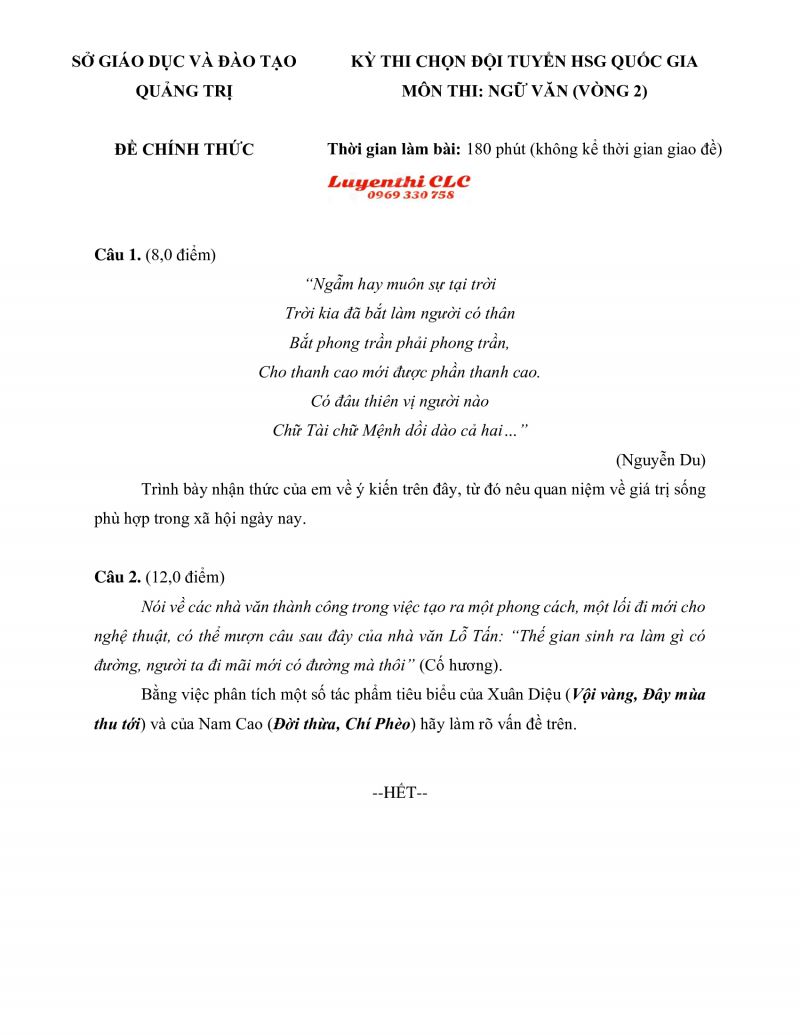 Đề thi chọn đội tuyển HSG Quốc Gia m&ocirc;n Ngữ Văn ( v&ograve;ng 2 ) tỉnh Quảng Trị năm 2012
