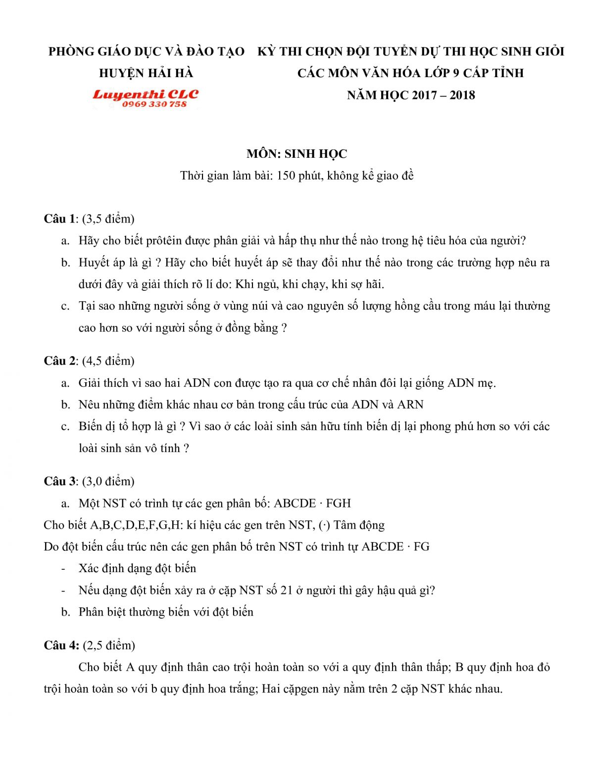 Đề thi HSG môn Sinh học lớp 9 huyện Hải Hà tỉnh Quảng Ninh năm 2018