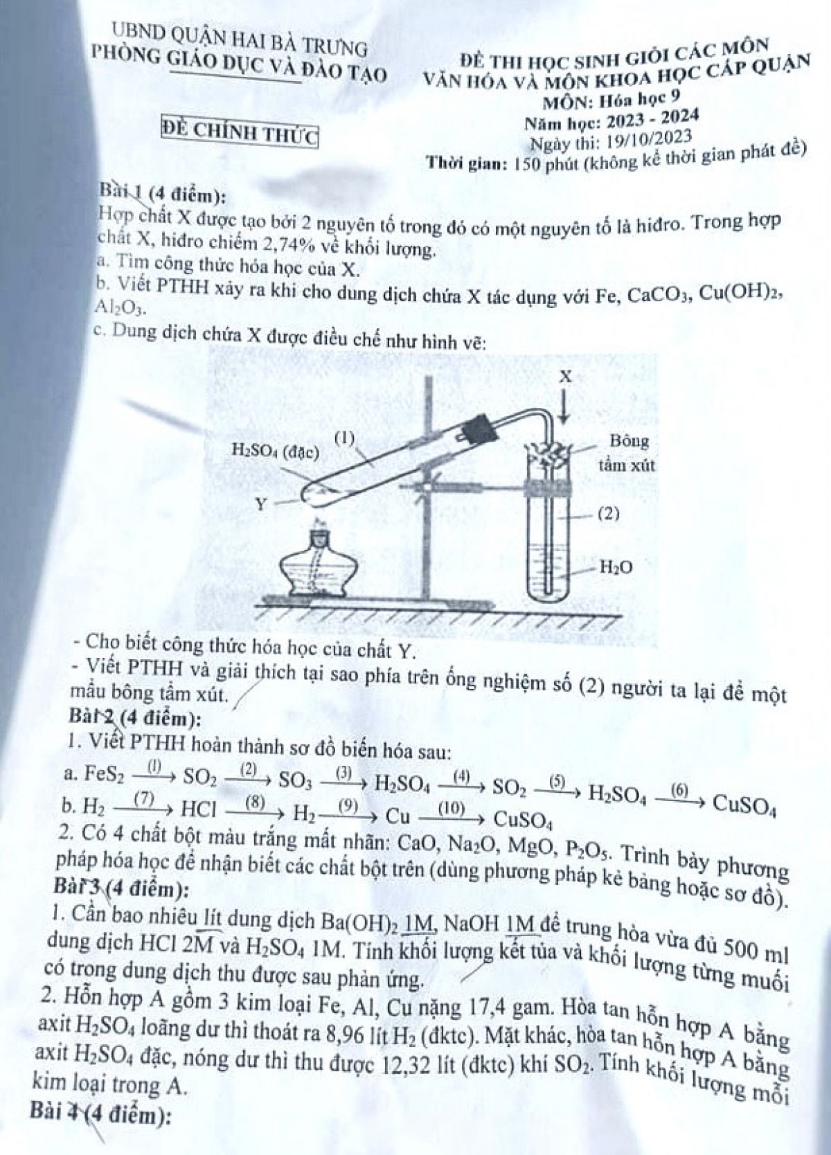Đề thi HSG môn Hóa Học lớp 9 quận Hai Bà Trưng, Hà Nội năm 2023