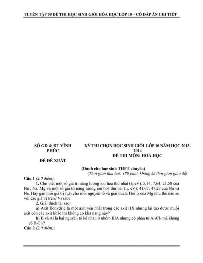 Đề thi chọn HSG và đáp án môn Hóa Học lớp 10 tỉnh Vĩnh Phúc năm 2013 (Đề đề xuất)