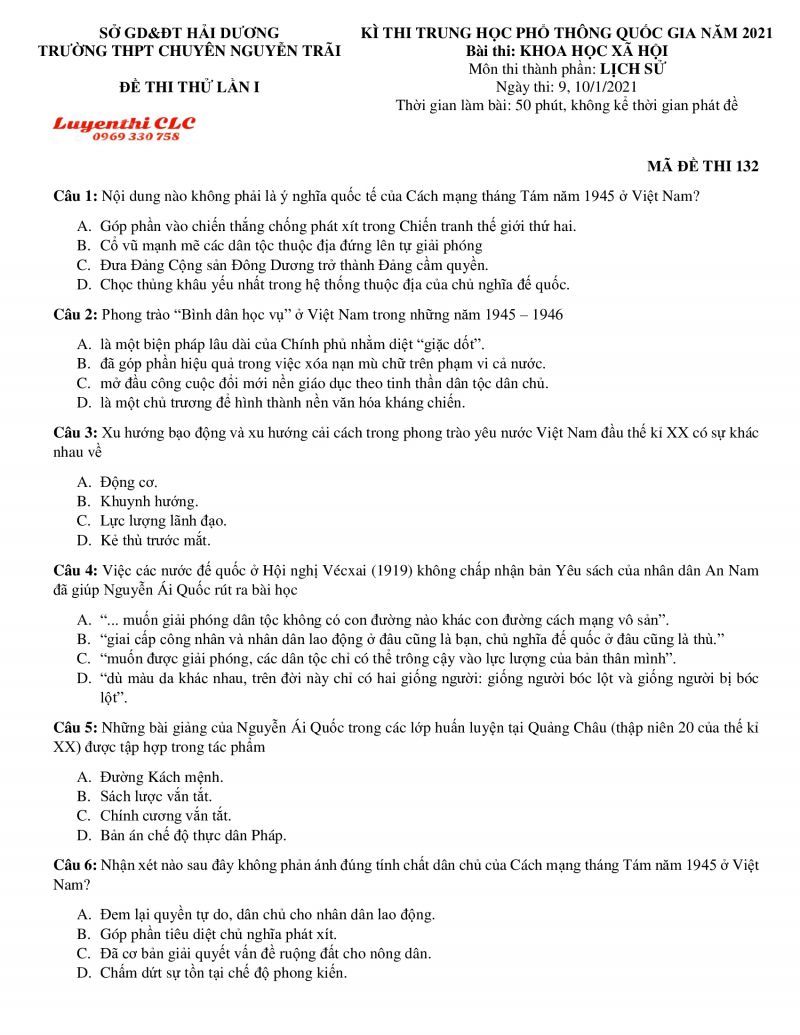 Đề thi THPT Quốc Gia m&ocirc;n Lịch Sử Trường THPT CHUY&Ecirc;N Nguyễn Tr&atilde;i tỉnh Hải Dương năm 2021