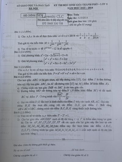 Đề thi tuyển sinh vào lớp 10 môn Toán tại Hà Nội năm 2014