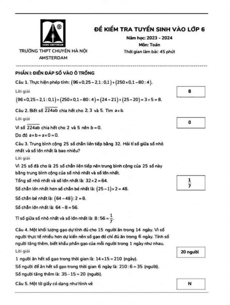 Đề kiểm tra tuyển sinh v&agrave;o lớp 6 m&ocirc;n To&aacute;n Trường THPT CHUY&Ecirc;N H&agrave; Nội Amsterdam năm 2023