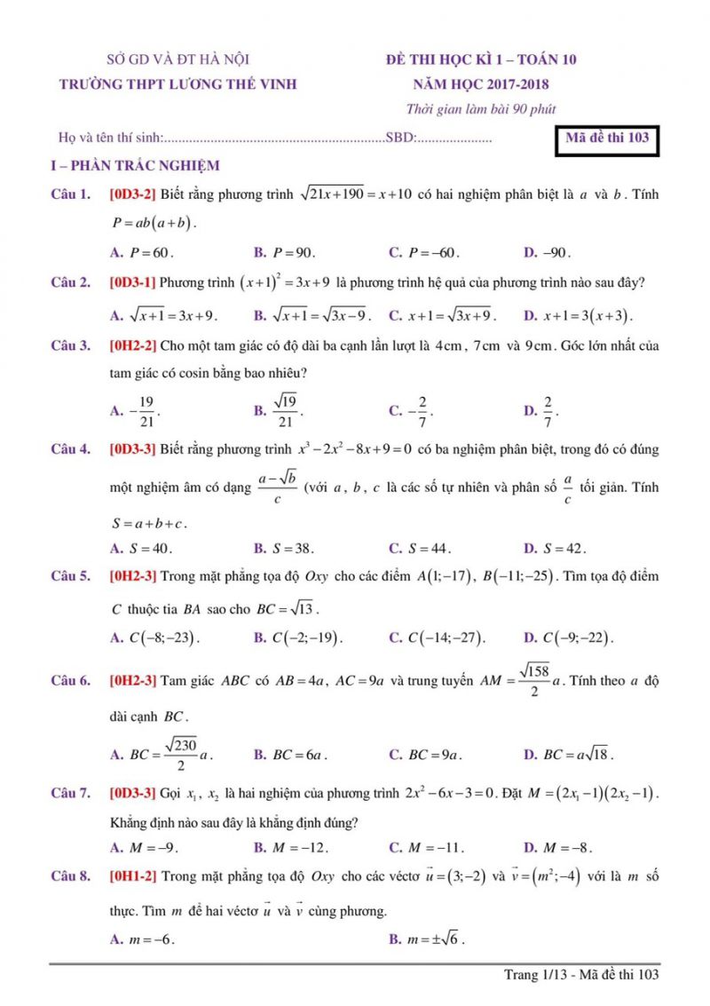 Đề thi học kì I môn Toán lớp 10 Trường THPT Lương Thế Vinh năm 2017