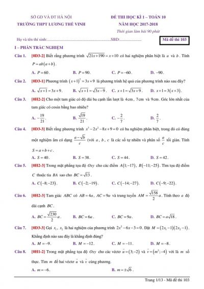 Đề thi học kì I môn Toán lớp 10 Trường THPT Lương Thế Vinh năm 2017