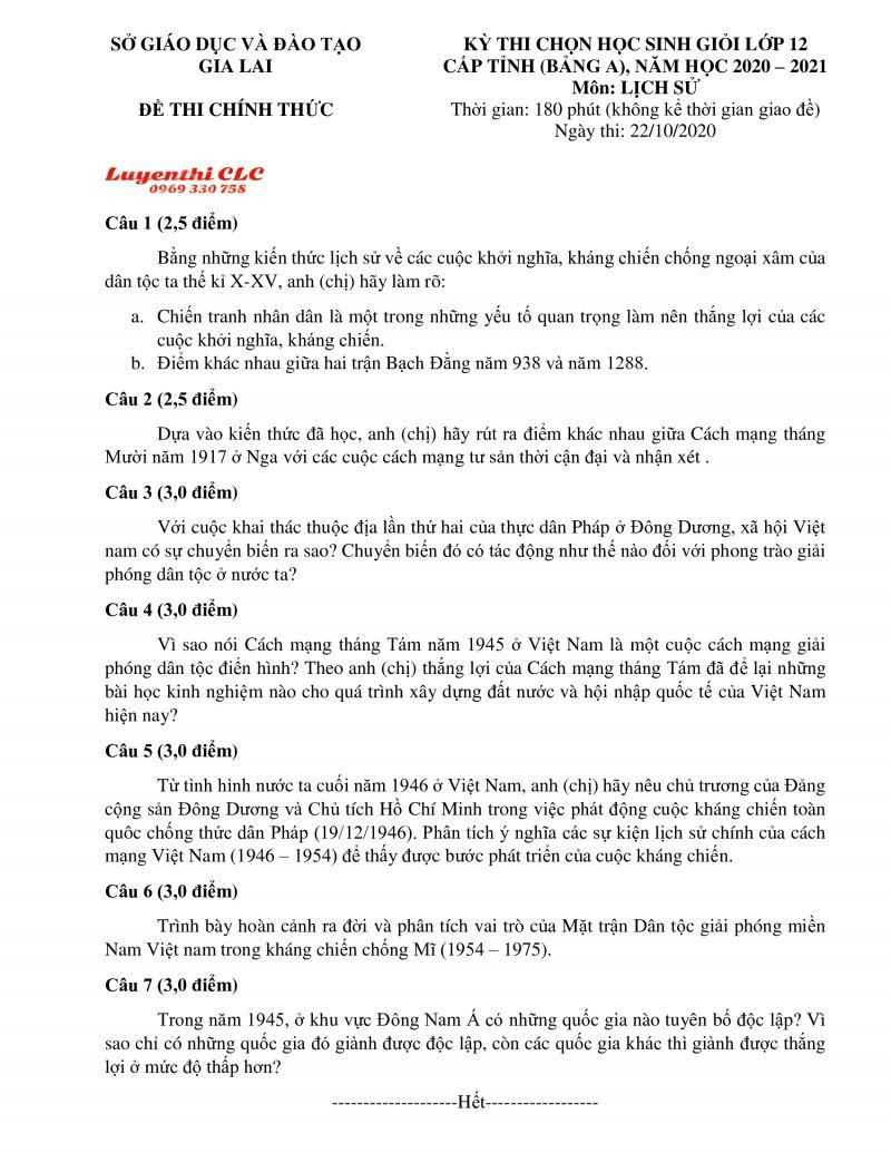 Đề thi chọn HSG môn Lịch Sử lớp 12 - Bảng A tỉnh Gia Lai năm 2020