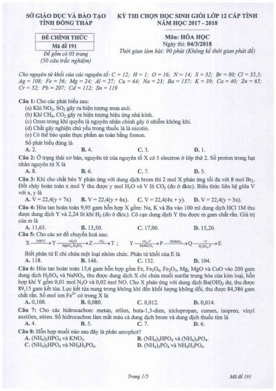 Đề thi chọn HSG môn Hóa Học lớp 12 tỉnh Đồng Tháp năm 2018
