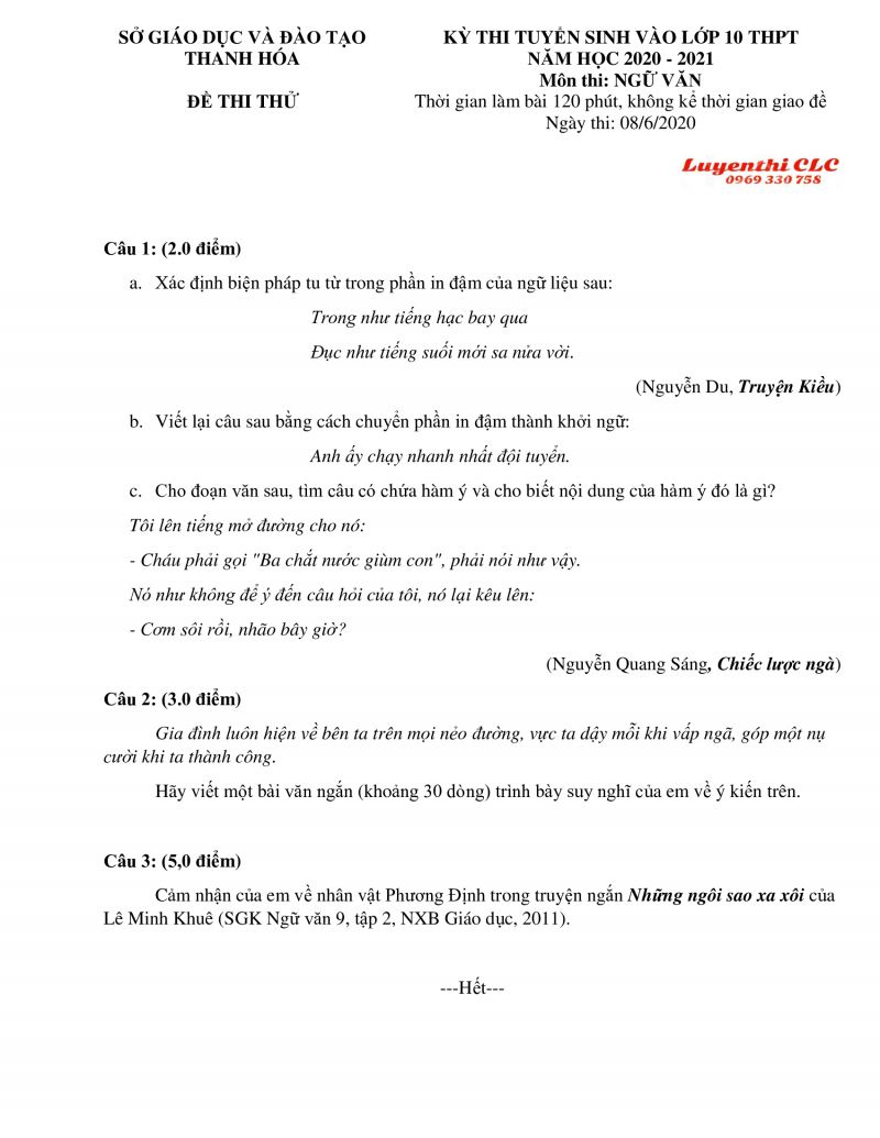Đề thi thử tuyển sinh vào lớp 10 THPT môn Ngữ Văn tỉnh Thanh Hóa năm 2020