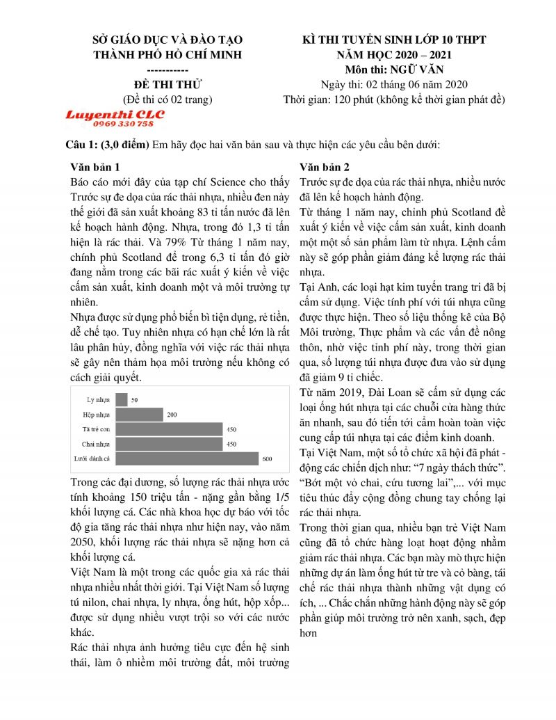 Đề thi tuyển sinh v&agrave;o lớp 10 THPT m&ocirc;n Ngữ Văn Th&agrave;nh phố Hồ Ch&iacute; Minh năm 2020