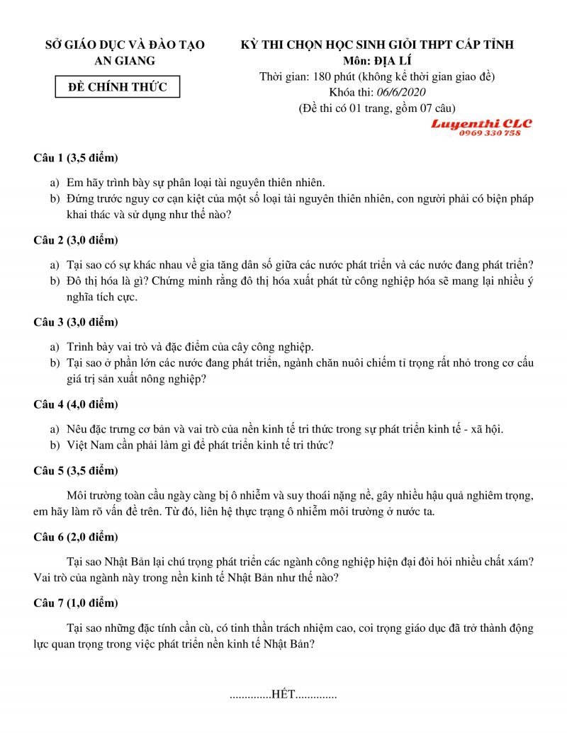 Đề thi chọn HSG môn Địa Lý tỉnh An Giang năm 2020