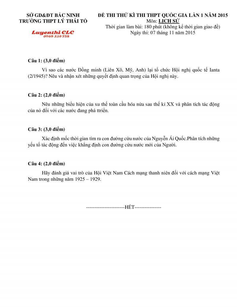 Đề thi thử THPT Quốc Gia môn Địa Lý tỉnh Bắc Ninh năm 2015