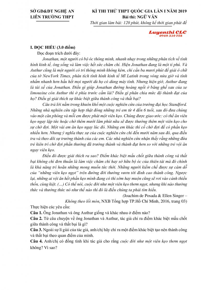 Đề thi thử THPT Quốc Gia lần 1 và đáp án môn Ngữ Văn tỉnh Nghệ An năm 2019