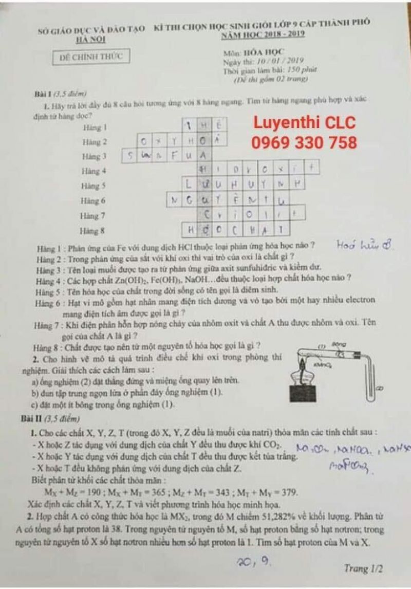 Đề thi HSG lớp 9 cấp thành phố môn Hóa Học tại Hà Nội năm 2019