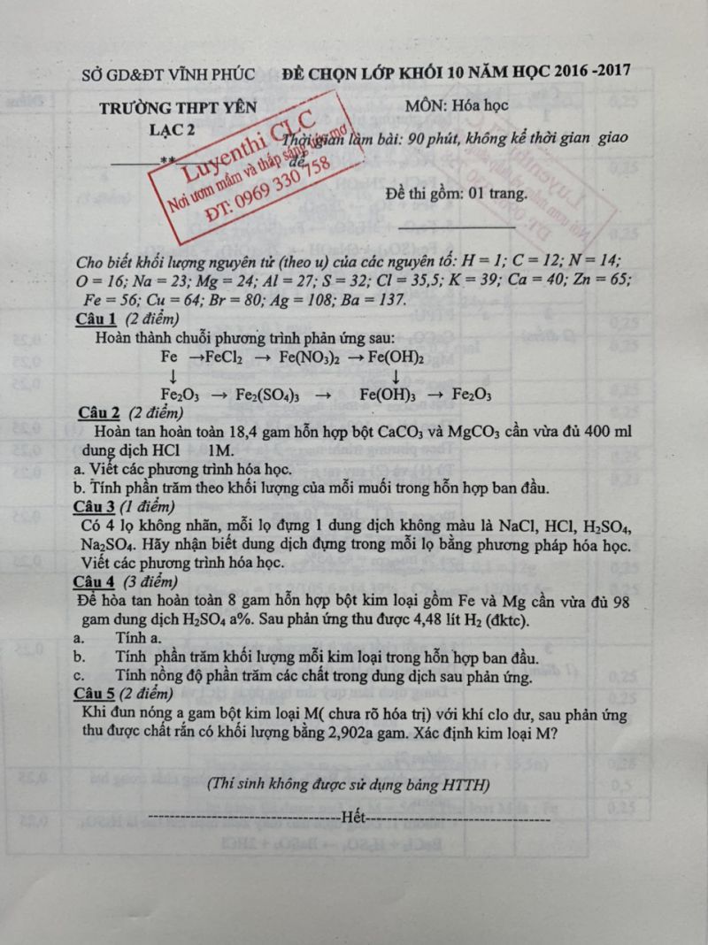 Đề thi tuyển sinh vào lớp 10 và đáp án môn Hóa Học Trường THPT Yên Lạc 2, tỉnh Vĩnh Phúc năm 2016
