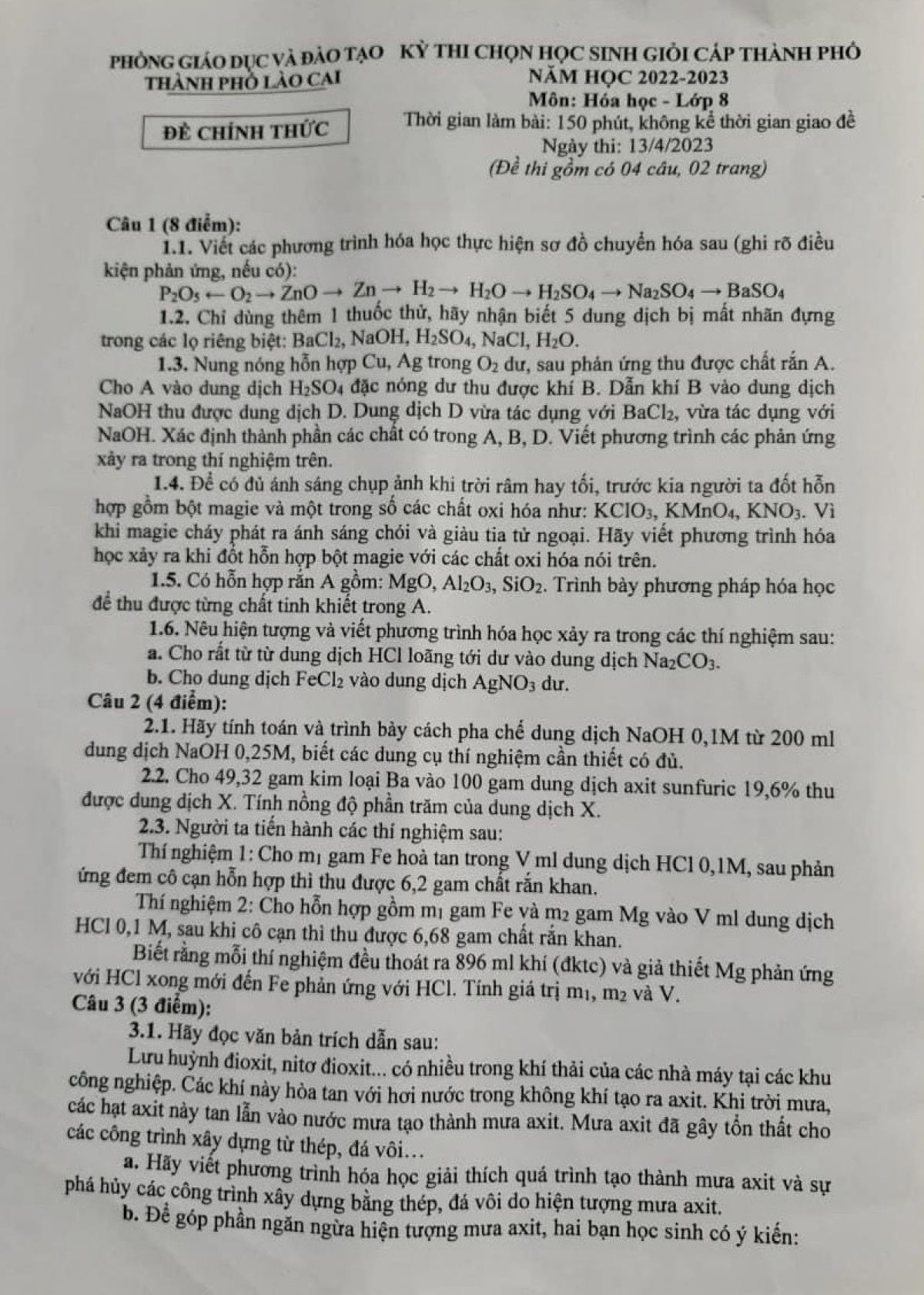 Đề thi chọn HSG m&ocirc;n H&oacute;a Học lớp 8 tại L&agrave;o Cai năm 2023
