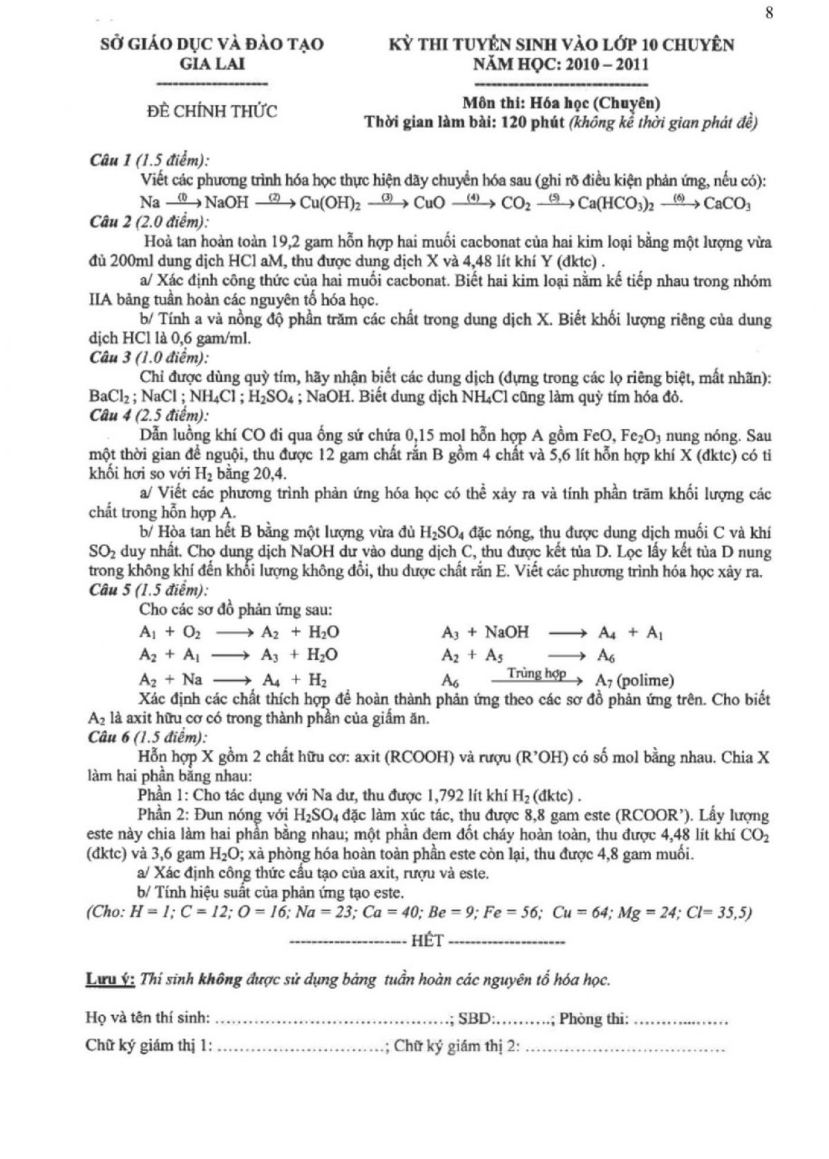 Đề thi tuyển sinh v&agrave;o lớp 10 THPT CHUY&Ecirc;N m&ocirc;n H&oacute;a Học tỉnh Gia Lai năm 2011