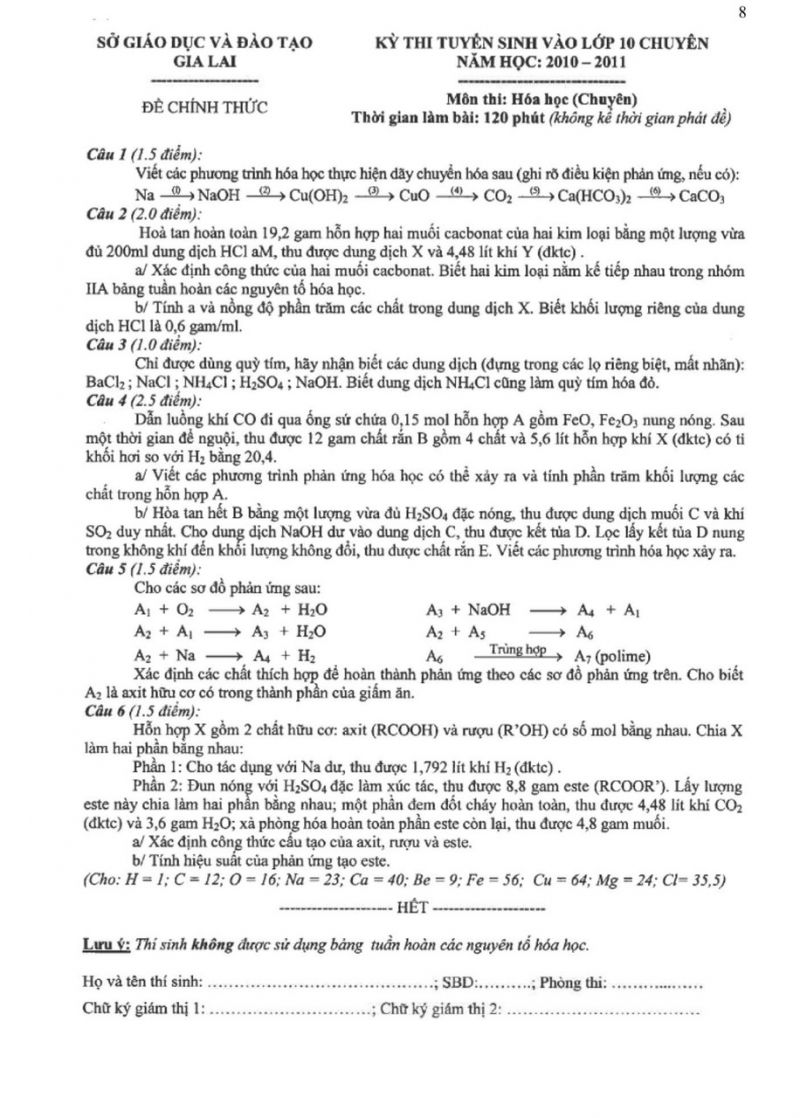 Đề thi tuyển sinh vào lớp 10 THPT CHUYÊN môn Hóa Học tỉnh Gia Lai năm 2011